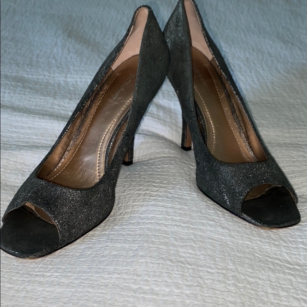 BCBG silver and black open toed heels